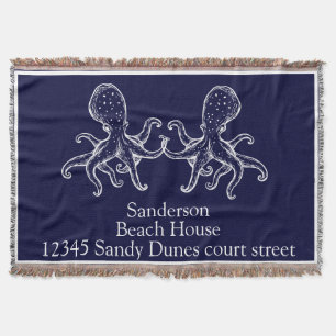 White Octopus navy blue nautical ocean coastal  Throw Blanket
