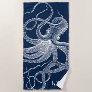 White octopus on a blue background beach towel