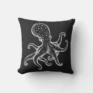 White Octopus  on black nautical Cushion