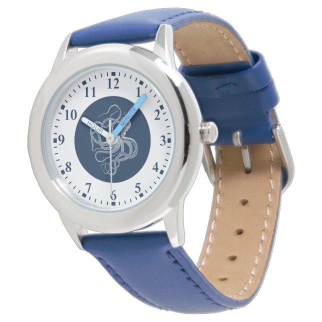 White octopus on dark blue large clock watch (Angled)