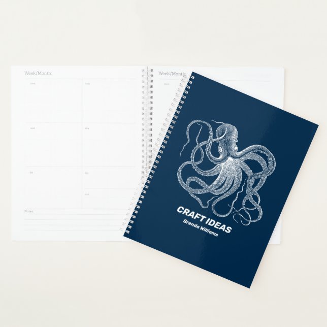 White octopus on dark blue planner (Display)