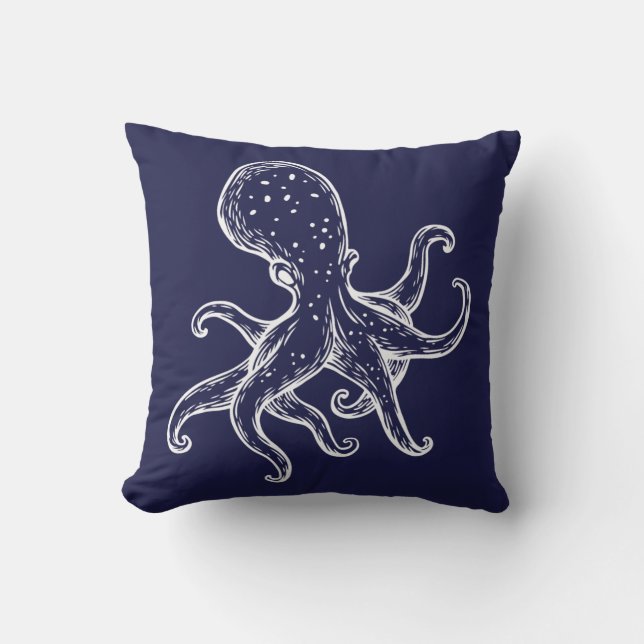White Octopus  on navy ocean blue nautical Cushion (Front)
