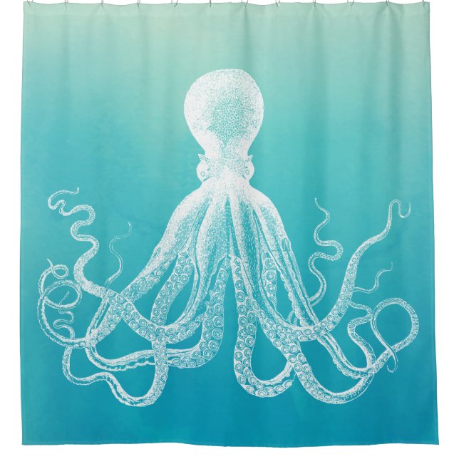 White Octopus Unique Aqua Blue Ombre Gradient Shower Curtain (Front)