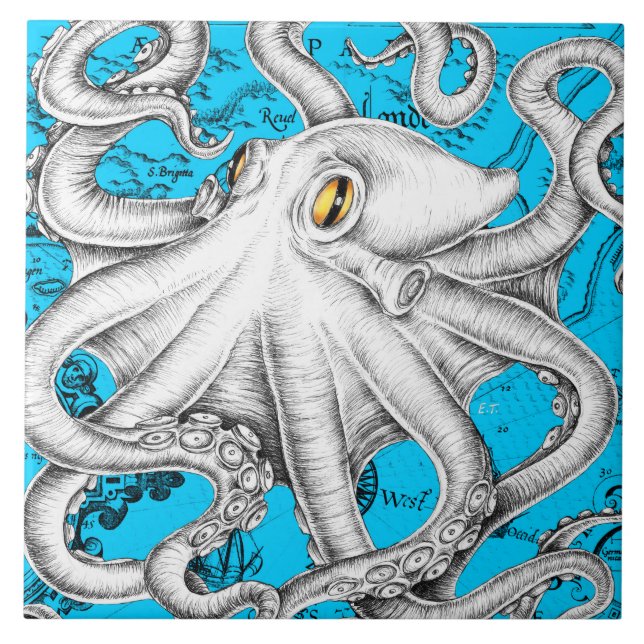 White Octopus Vintage Map Blue Tile (Front)