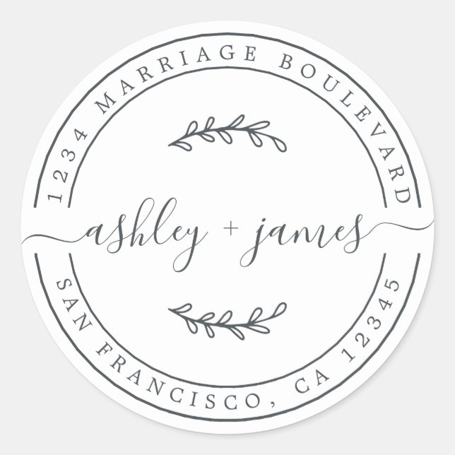 White Off Black Script Return Address Classic Round Sticker (Front)