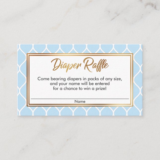 White Ogee & Gold, Baby Blue Diaper Raffle Cards (Front)