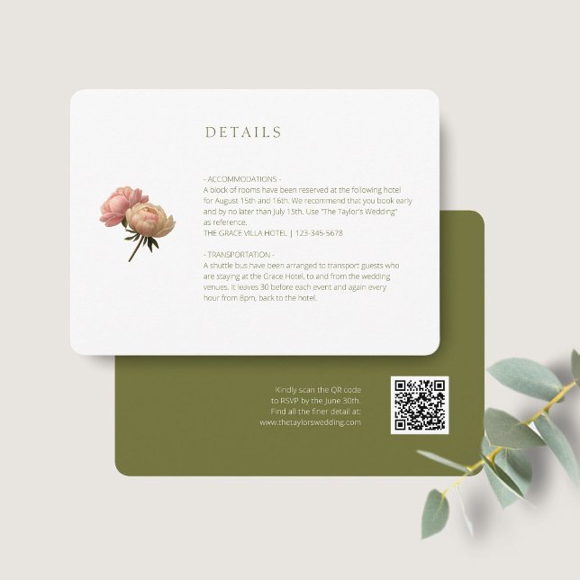 White & Olive | Chic Rose Wedding Detail QR Code  Enclosure Card (Creator Uploaded)