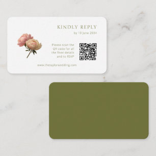 White & Olive Chic Rose Wedding RSVP QR Code Enclosure Card