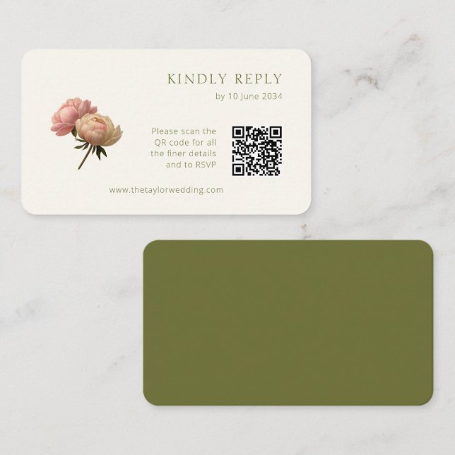 White & Olive | Chic Rose Wedding RSVP QR Code  Enclosure Card (Front/Back)