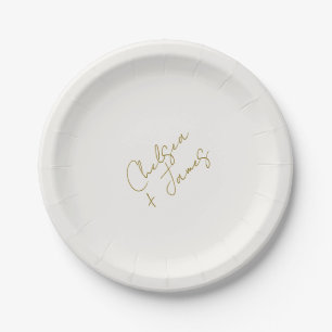 White & Olive Green Script Minimalist Wedding  Paper Plate