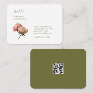 White & Olive Green Vintage Rose QR Code Wedding Enclosure Card