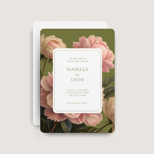 White Olive Green Vintage Rose Wedding Invitation