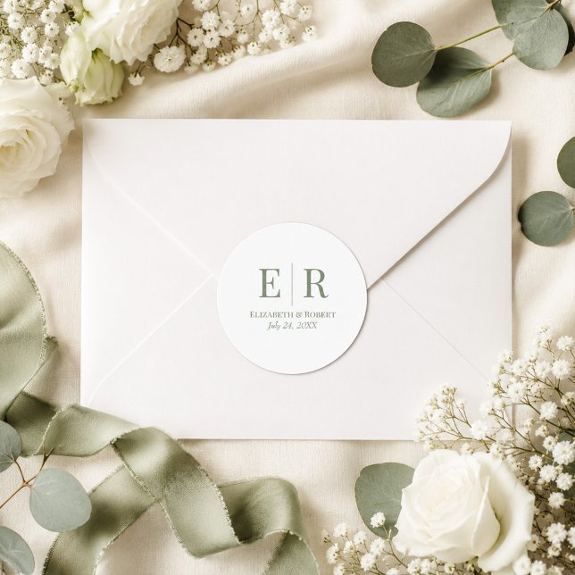 White & Olive Minimalist Monogram Wedding  Classic Round Sticker (White & Olive Minimalist Monogram Wedding Classic Round Sticker surrounded with white flowers)