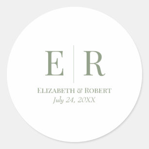 White & Olive Minimalist Monogram Wedding Classic Round Sticker