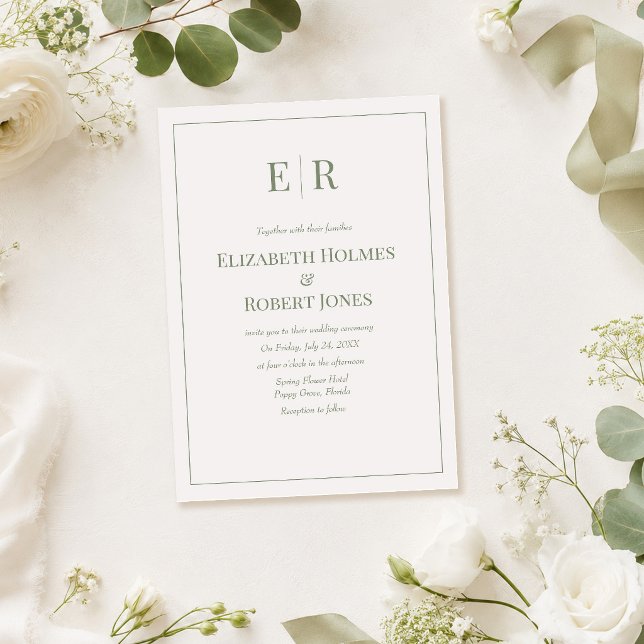 White & Olive Minimalist Monogram Wedding  Invitation (White & Olive Minimalist Monogram Wedding Invitation on a table with white roses)
