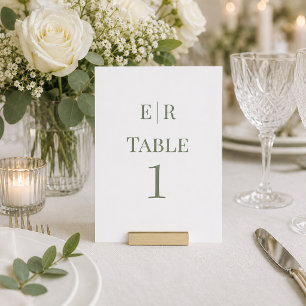 White & Olive Monogram Wedding Table Number