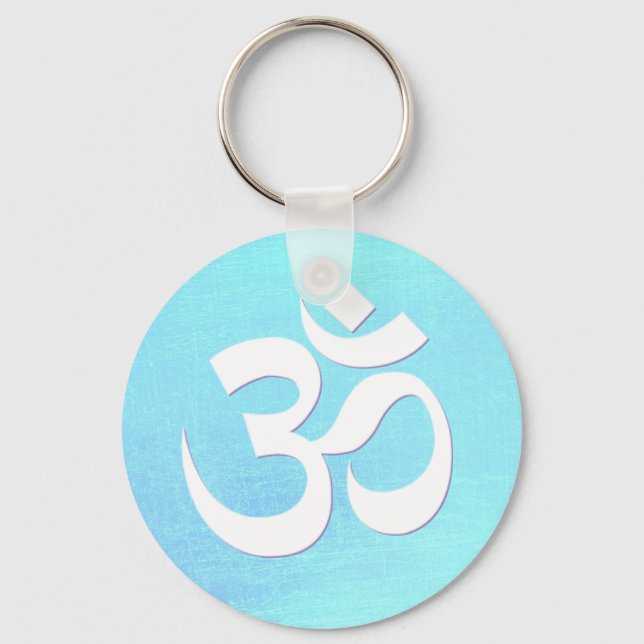 White OM Symbol Turquoise Blue Shimmery Look Key Ring (Front)