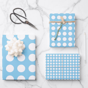 White on Baby Blue Different Sizes Hor. Polka Dots Wrapping Paper Sheet