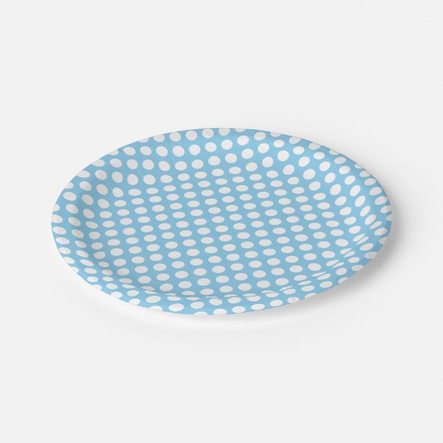 White on Baby Blue Medium Size Polka Dots Paper Plate (Angled)
