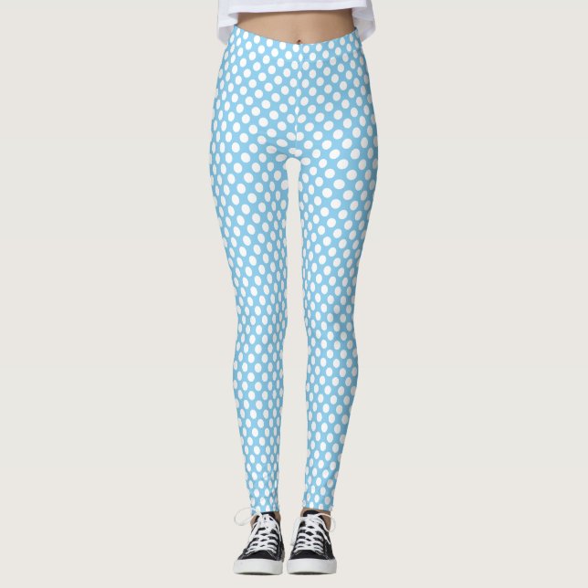 White on Baby Blue Small Size Polka Dots Leggings (Front)