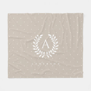 White On Beige Laurel Monogram Polka Dot Pattern Fleece Blanket