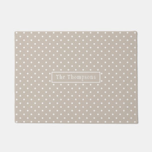 White On Beige Polka Dots Pattern With Custom Name Doormat