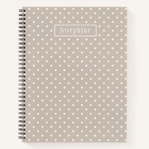 White On Beige Polka Dots Pattern With Custom Name Notebook