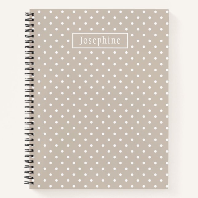 White On Beige Polka Dots Pattern With Custom Name Notebook (Front)