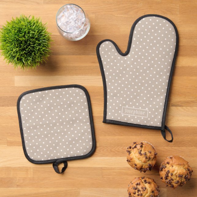 White On Beige Polka Dots Pattern With Custom Name Oven Mitt & Pot Holder Set (Top Down)