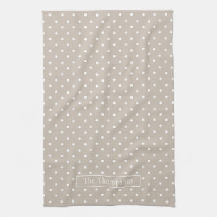 White On Beige Polka Dots Pattern With Custom Name Tea Towel