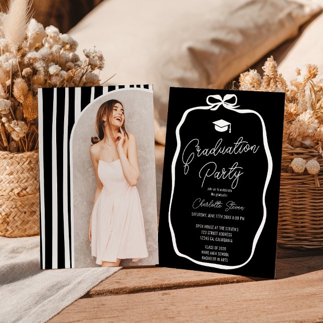 White on Black Coquette Bow photo graduation Invitation (White on Black Coquette Bow photo graduation Invitation)