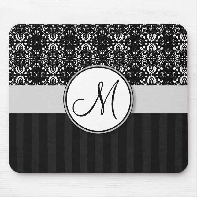 White on Black Damask and Stripes with Monogram Mouse Pad (Front)
