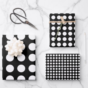 White on Black Different Sizes Horiz. Polka Dots Wrapping Paper Sheet