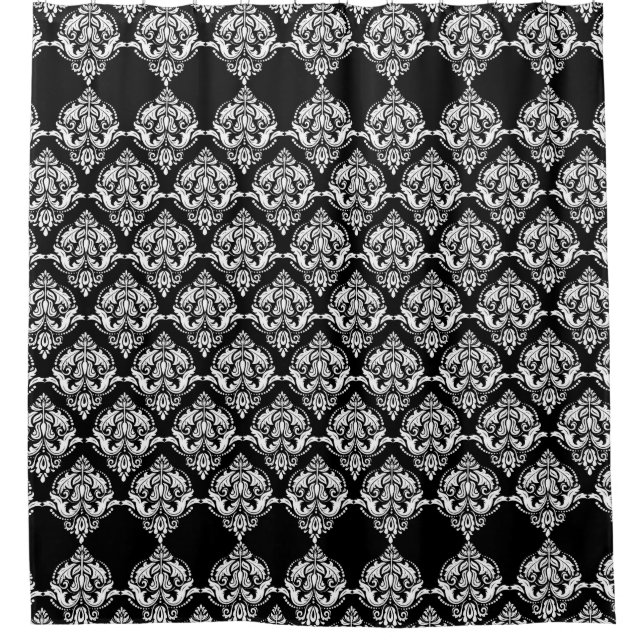 White On Black Floral Damasks Geometric Pattern Shower Curtain (Front)
