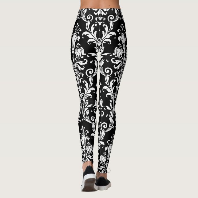 White On Black Floral Swirls Damask Leggings (Back)