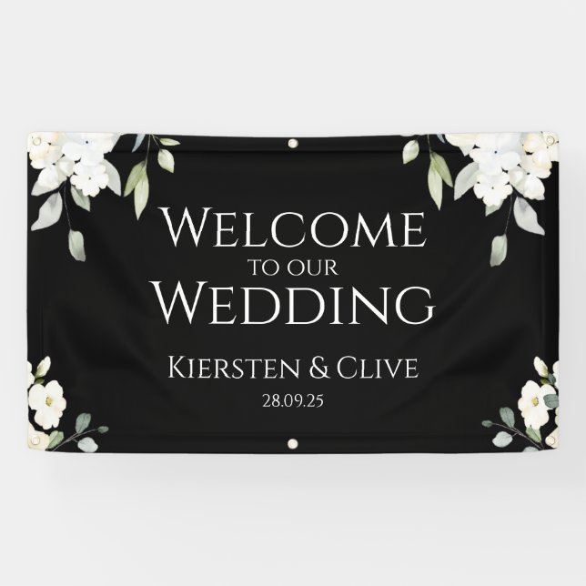White On Black Floral Welcome To Our Wedding Font Banner (Horizontal)