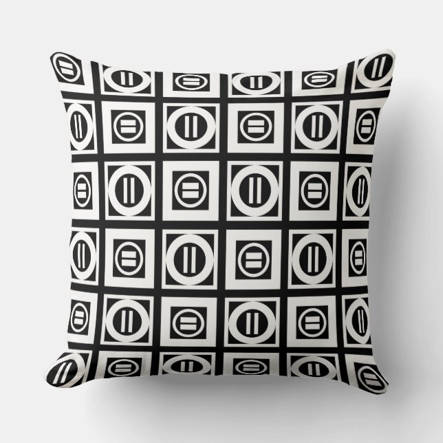 White on Black Geometric Equal Sign Pattern Cushion (Front)