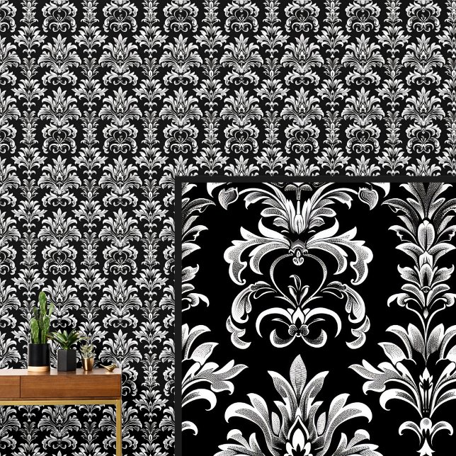 White on Black Gothic Damask Elegant  Wallpaper (Creator Uploaded)