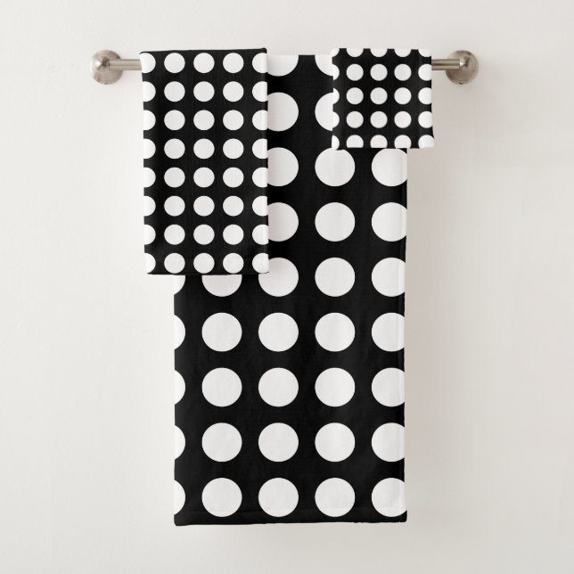 White on Black Large Size Horizontal Polka Dots Bath Towel Set (Insitu)