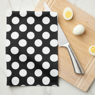 White on Black Large Size Polka Dots Tea Towel