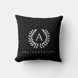 White On Black Laurel Monogram Polka Dot Pattern Cushion