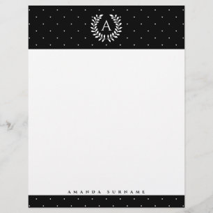 White On Black Laurel Monogram Polka Dot Pattern Custom Letterhead