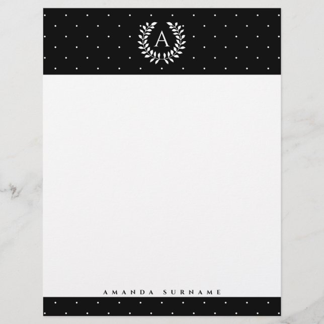 White On Black Laurel Monogram Polka Dot Pattern Custom Letterhead (Front)