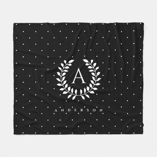 White On Black Laurel Monogram Polka Dot Pattern Fleece Blanket (Front (Horizontal))