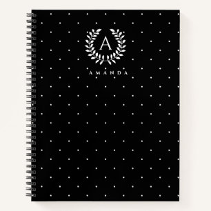 White On Black Laurel Monogram Polka Dot Pattern Notebook