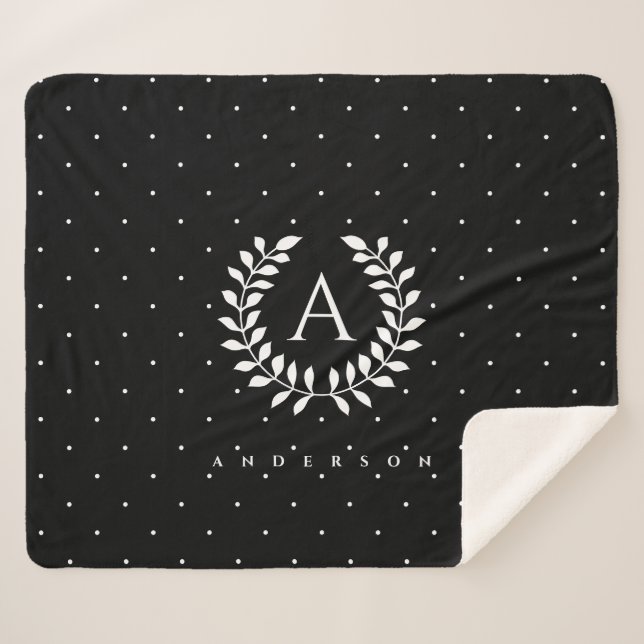 White On Black Laurel Monogram Polka Dot Pattern Sherpa Blanket (Front (Horizontal))