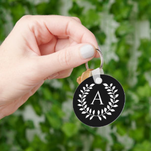 White On Black Laurel Wreath With Custom Monogram Key Ring