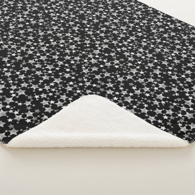 White on Black | Lino Print Stars Pattern Sherpa Blanket (3/4)