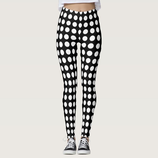 White on Black Medium Size Horizontal Polka Dots Leggings (Front)