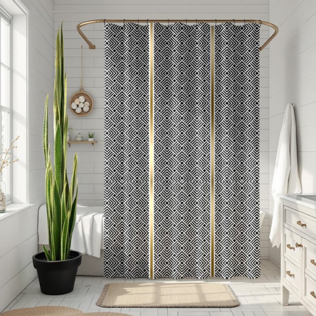 White On Black Modern Geometric Maze Pattern Shower Curtain (Creator Uploaded)